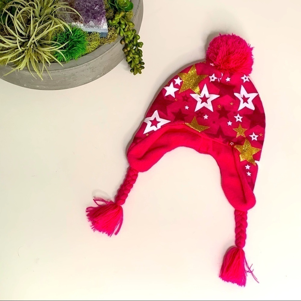 Pink metallic gold Star Pom Pom Winter Trapper Hat Ear Cover o/s